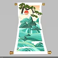 Traditional Chinese Scroll Painting With Pine Tree Red Sun Green Mountains And Flowing Water