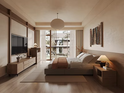 Modern Bedroom Interior With Wooden Furniture TV Bed Pendant Light And Wall Art 3d model