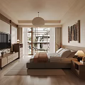 Modern Bedroom Interior With Wooden Furniture TV Bed Pendant Light And Wall Art