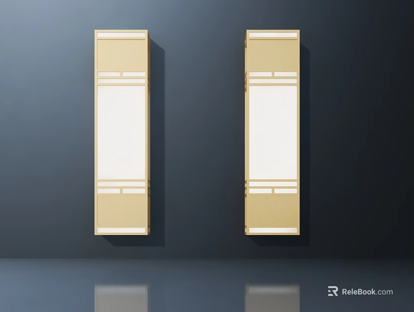 Gold Rectangular Wall Lights With White Panel Decorative Lines On Dark Wall 3d model 