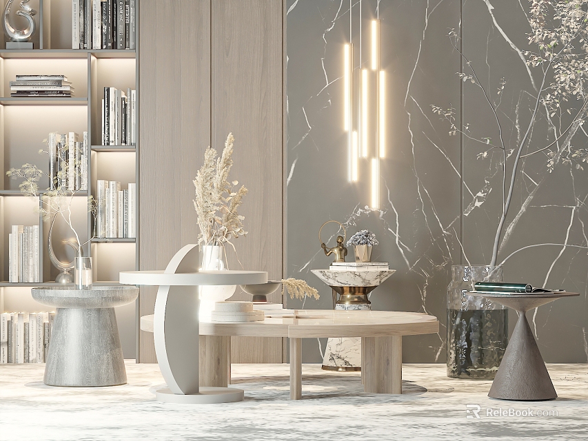 Elegant Modern Coffee Table Design With Marble Wall Pendant Lights And Bookshelves 3d model 