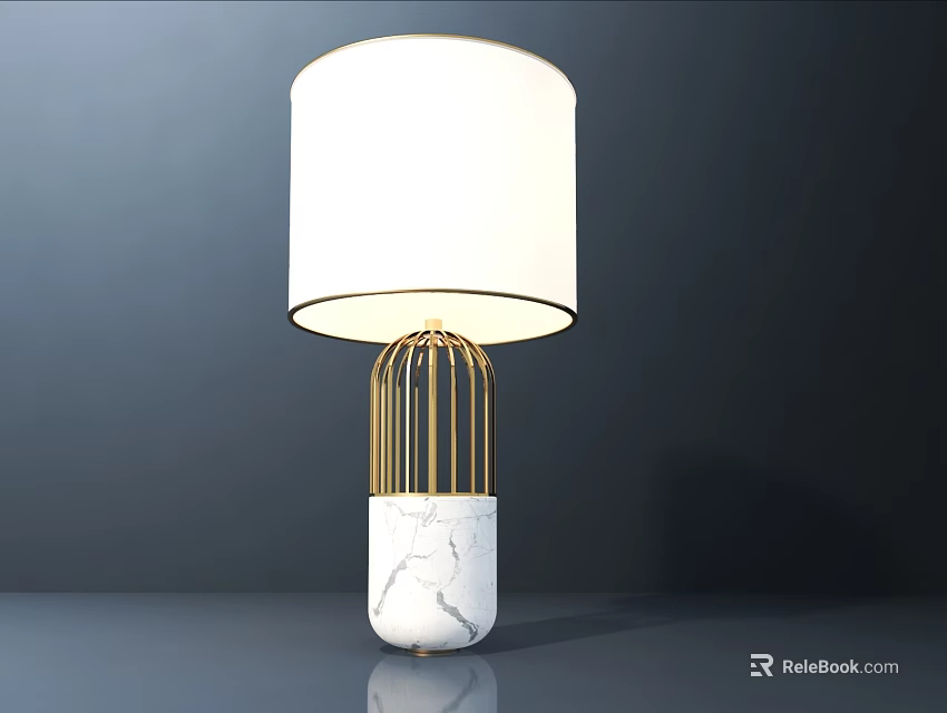 Modern Table Lamp Featuring Gold Metal Cage Structure White Fabric Shade And Marble Base 3d model 