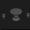 Round Stone Outdoor Tables With Textured Surface Carved Base And Matching Stools 3d model