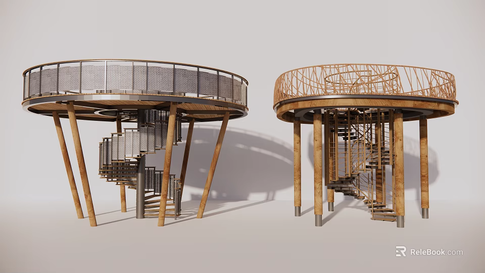 Modern Wooden Spiral Staircase With Metal Railings And Supporting Pillars 3d model 