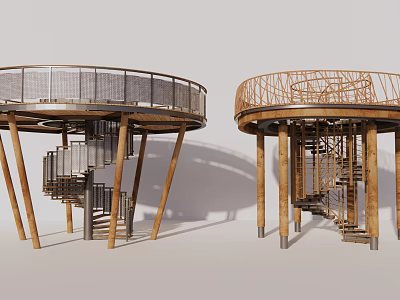 Modern Wooden Spiral Staircase With Metal Railings And Supporting Pillars 3d model