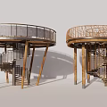 Modern Wooden Spiral Staircase With Metal Railings And Supporting Pillars