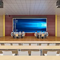 Modern Conference Room Interior Design With Large Screen Rows Of Tables Chairs And Lighting