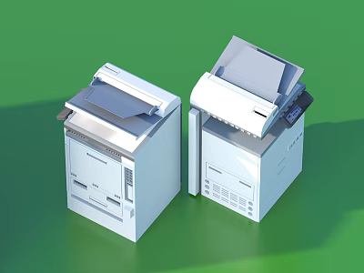 Two Modern White Multifunctional Office Printers With Paper Trays On Green Background 3d model