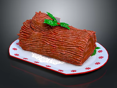 Decorated Wooden Log Cake With Green Leaves On White Plate And Lace Doily 3d model