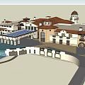 Traditional European Hotel Building With Red Roof White Walls Arched Windows And Courtyard
