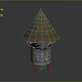 Traditional Architectural Structure With Layered Brown Conical Roof And Colorful Geometric Patterns
