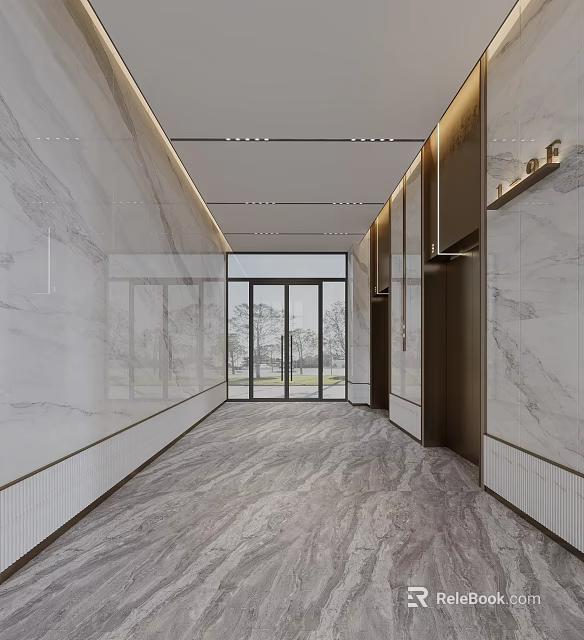 Modern Elevator Hallway Design With Marble Walls Flooring Glass Doors And Recessed Lighting 3d model 