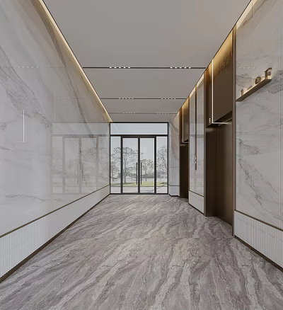 Modern Elevator Hallway Design With Marble Walls Flooring Glass Doors And Recessed Lighting 3d model