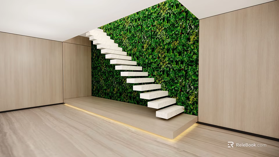 Modern Interior White Staircase With Green Living Plant Wall Wooden Panels And LED Strip Lighting 3d model 