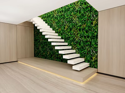 Modern Interior White Staircase With Green Living Plant Wall Wooden Panels And LED Strip Lighting 3d model