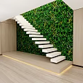 Modern Interior White Staircase With Green Living Plant Wall Wooden Panels And LED Strip Lighting