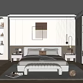 Modern Light Toned Bedroom Interior With Large Bed Decorative Paintings Storage Cabinets And Floor Lamp