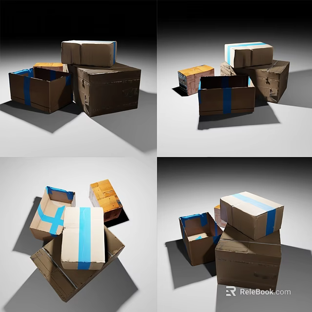 Stacked Cardboard Boxes With Blue Tape Displayed From Various Angles 3d model 