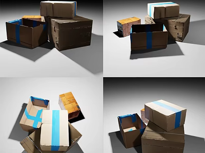Stacked Cardboard Boxes With Blue Tape Displayed From Various Angles 3d model