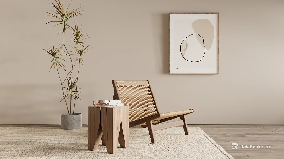 Comfortable Leisure Chair With Small Side Table Palm Plant And Abstract Painting On Woven Rug 3d model 