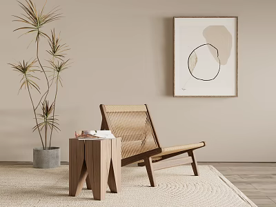 Comfortable Leisure Chair With Small Side Table Palm Plant And Abstract Painting On Woven Rug 3d model