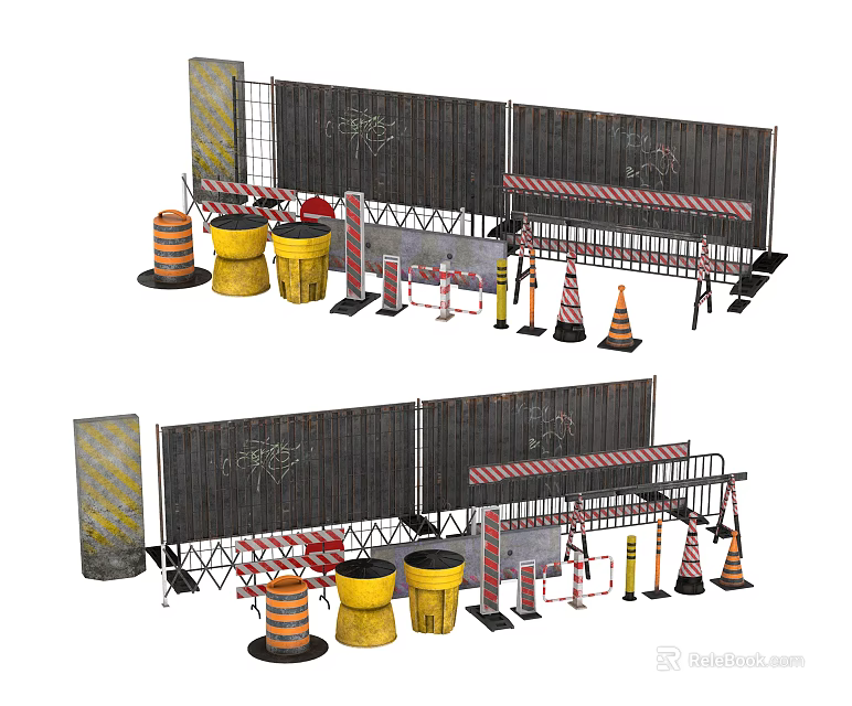 Road Infrastructure With Construction Barriers Traffic Cones Warning Barrels And Reflective Guardrails 3d model 