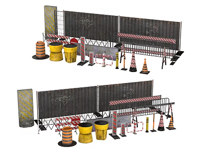 Road Infrastructure With Construction Barriers Traffic Cones Warning Barrels And Reflective Guardrails 3d model