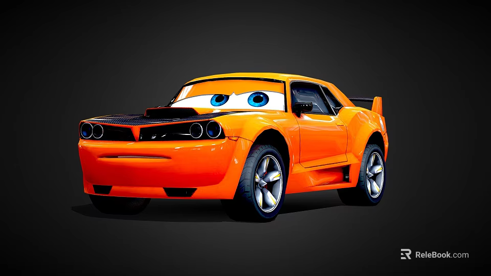 Orange Cartoon Sports Car with Big Blue Eyes Black Hood and Stylish Racing Design 3d model 