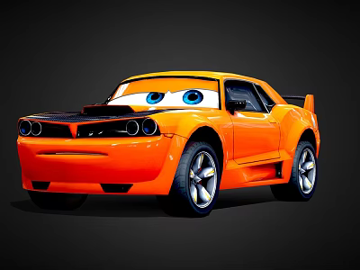 Orange Cartoon Sports Car with Big Blue Eyes Black Hood and Stylish Racing Design 3d model