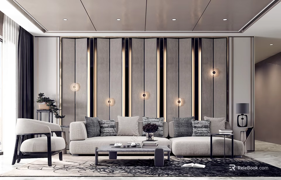 Modern Living Room Interior Design With Vertical Striped Wall Lamps Sofa And Coffee Table 3d model 