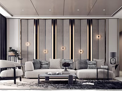 Modern Living Room Interior Design With Vertical Striped Wall Lamps Sofa And Coffee Table 3d model