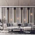Modern Living Room Interior Design With Vertical Striped Wall Lamps Sofa And Coffee Table