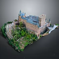 Ancient Castle Architecture with Stone Walls Tall Towers Gray Roofs and Green Vegetation