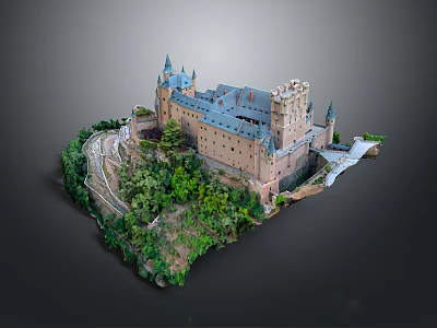 Ancient Castle Architecture with Stone Walls Tall Towers Gray Roofs and Green Vegetation 3d model