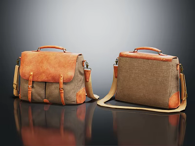 Stylish Leather And Canvas Bags With Brown Orange Accents Handles Adjustable Shoulder Straps 3d model