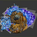Dynamic Game Movie Characters Blue Figure Lifting Object Orange Character Rock Base Blue Purple Energy