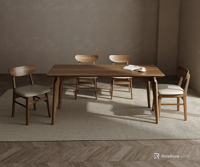 Minimalist Wooden Dining Table Set with Four Chairs and Light Gray Cushions 3d model 