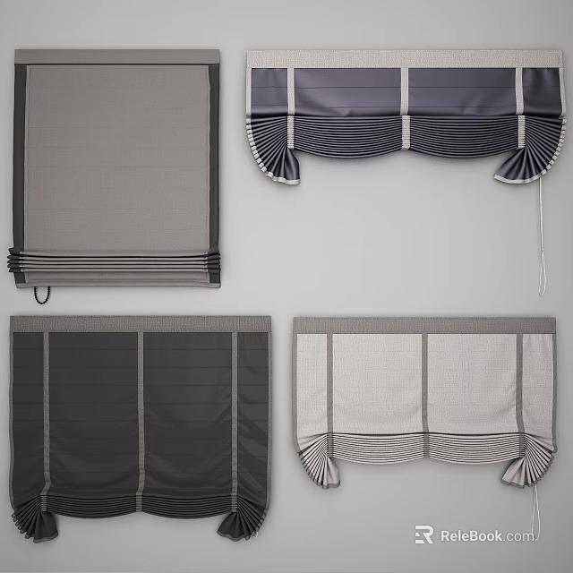 Various Design Roman Blinds In Gray Striped And Solid Fabric Styles 3d model