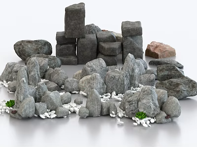 Natural Stone and Wood Collection with Various Sizes Shapes and Small Green Plants 3d model