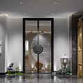 Elegant Modern Restaurant Interior With Marble Floor Wooden Bookshelves Decorative Display Dining Tables And Chairs