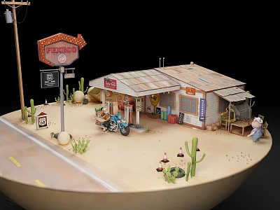 Aerial Planning of Miniature Desert Scene With Road Layout Building Cacti and Motorcycle 3d model
