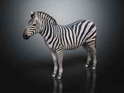 Zebra With Black And White Stripes Standing On Dark Background With Reflection 3d model