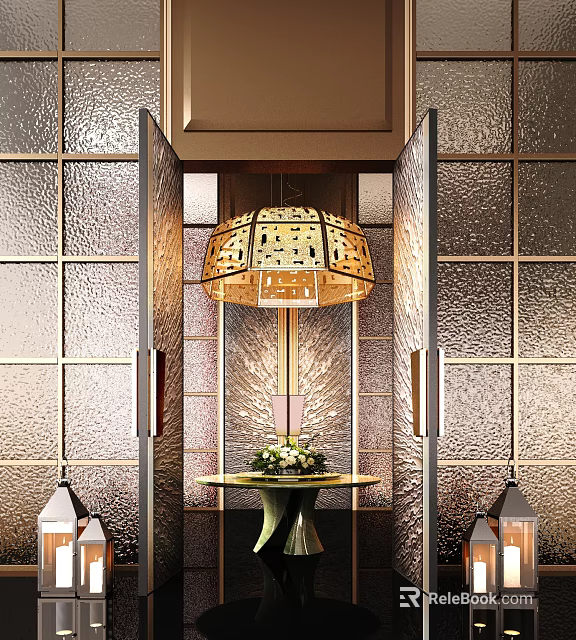 Elegant Hotel Lobby With Intricate Chandelier Glass Wall Panels And Floral Table 3d model 