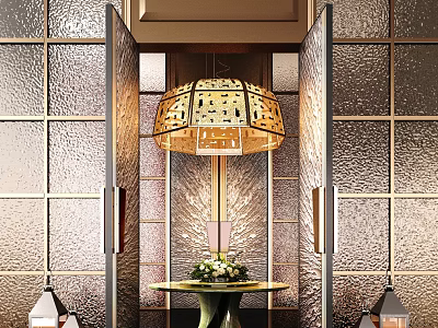 Elegant Hotel Lobby With Intricate Chandelier Glass Wall Panels And Floral Table 3d model