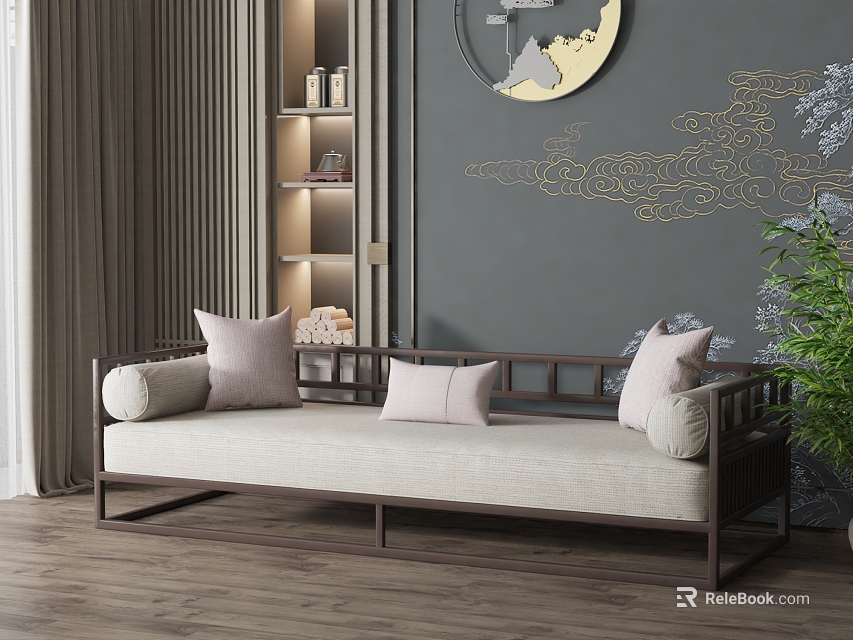 Modern Chinese Style Daybed with Pillows Cloud Pattern Wall Decor and Green Plant 3d model 