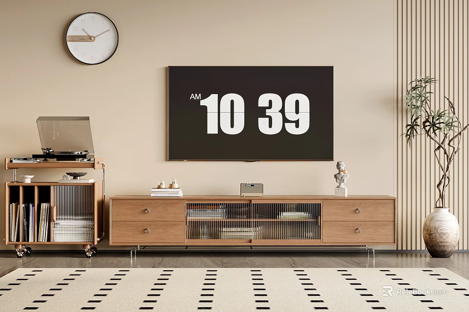 Modern Light Wood TV Stand With Drawers TV Record Player And Plant In Living Room 3d model 