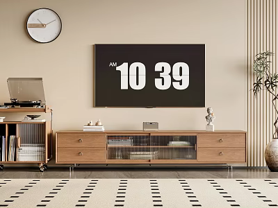 Modern Light Wood TV Stand With Drawers TV Record Player And Plant In Living Room 3d model