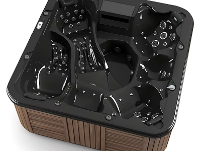 Luxurious Freestanding Black Bathtub With Wooden Base Massage Jets And Control Panel 3d model