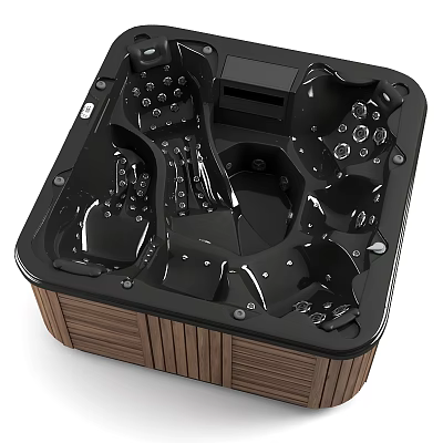 Luxurious Freestanding Black Bathtub With Wooden Base Massage Jets And Control Panel 3d model