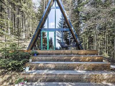 A Frame Detached House with Large Glass Windows in Wooded Forest Setting and Wooden Steps 3d model